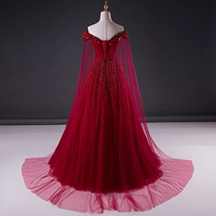 Vestido de fiesta largo de tul rojo vino con cuentas y brillo 
