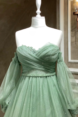 Vestidos formales de corte A con mangas abullonadas de tul verde 
