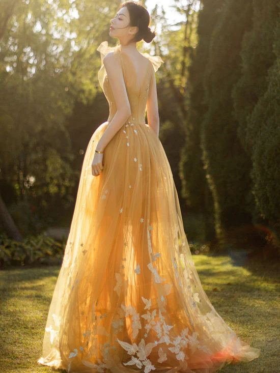 Yellow Tulle with White Lace Long Evening Dress