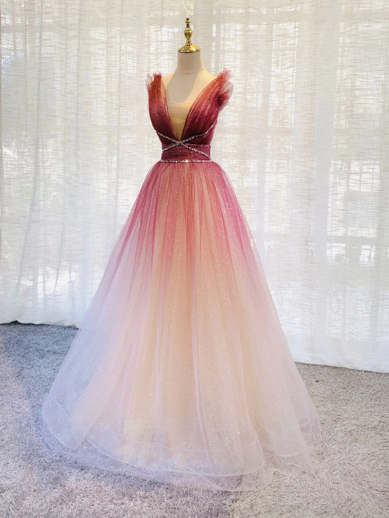 Vestido largo de fiesta formal con cuentas y tul degradado rojo 