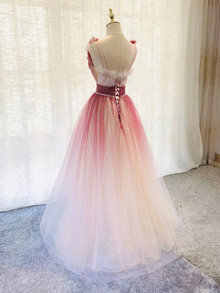 Vestido largo de fiesta formal con cuentas y tul degradado rojo 