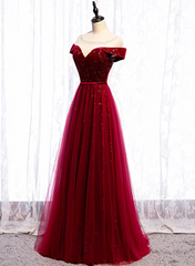 Vestido de fiesta largo de terciopelo y tul rojo vino 