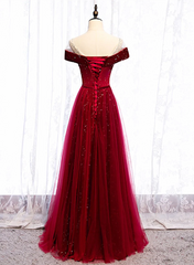 Vestido de fiesta largo de terciopelo y tul rojo vino 