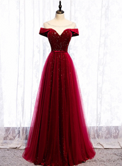 Vestido de fiesta largo de terciopelo y tul rojo vino 
