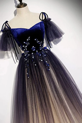 Hermoso vestido de fiesta largo de terciopelo y tul degradado 
