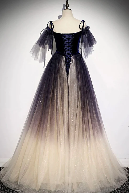 Hermoso vestido de fiesta largo de terciopelo y tul degradado 