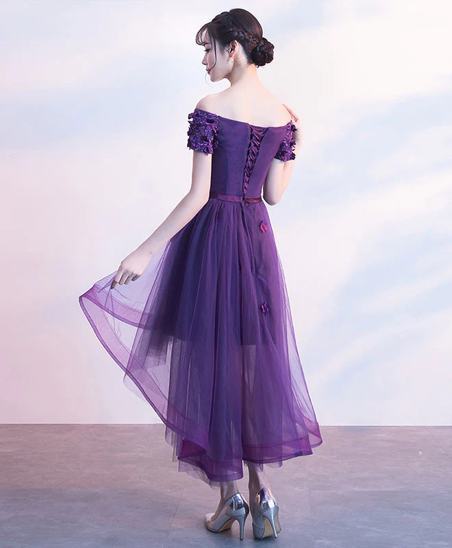 Dark Purple High Low Cute Off Shoulder Homecoming Dress