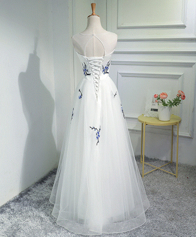 Beautiful White Tulle Long A-line Prom Dress