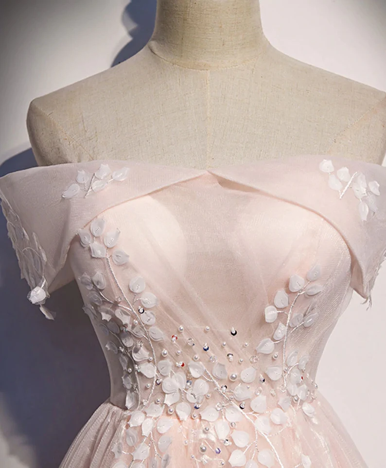Long Pink Off Shoulder A-line Prom Dress with Lace