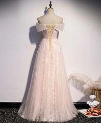 Long Pink Off Shoulder A-line Prom Dress with Lace