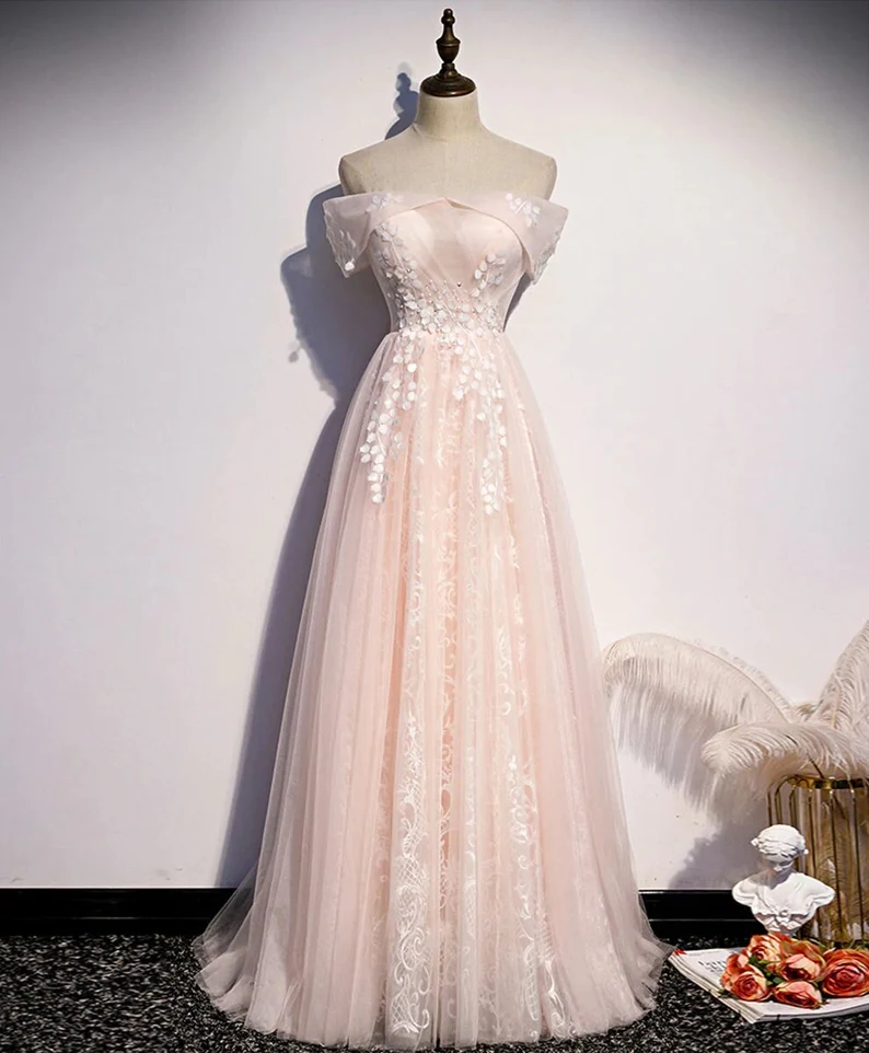 Long Pink Off Shoulder A-line Prom Dress with Lace