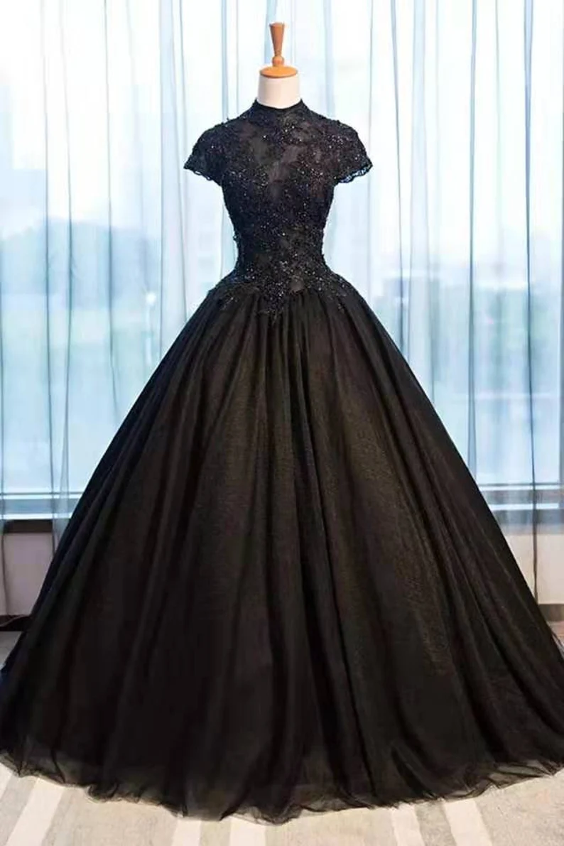 Beautiful Black Cap Sleeves Long Tulle Party Dress