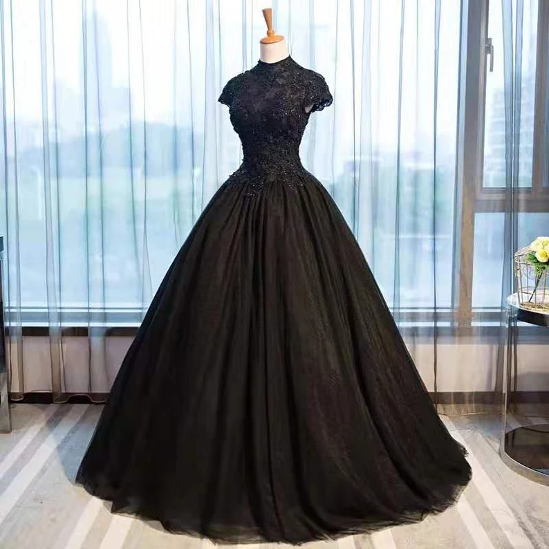 Beautiful Black Cap Sleeves Long Tulle Party Dress