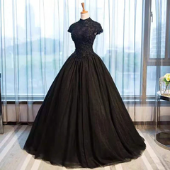 Beautiful Black Cap Sleeves Long Tulle Party Dress