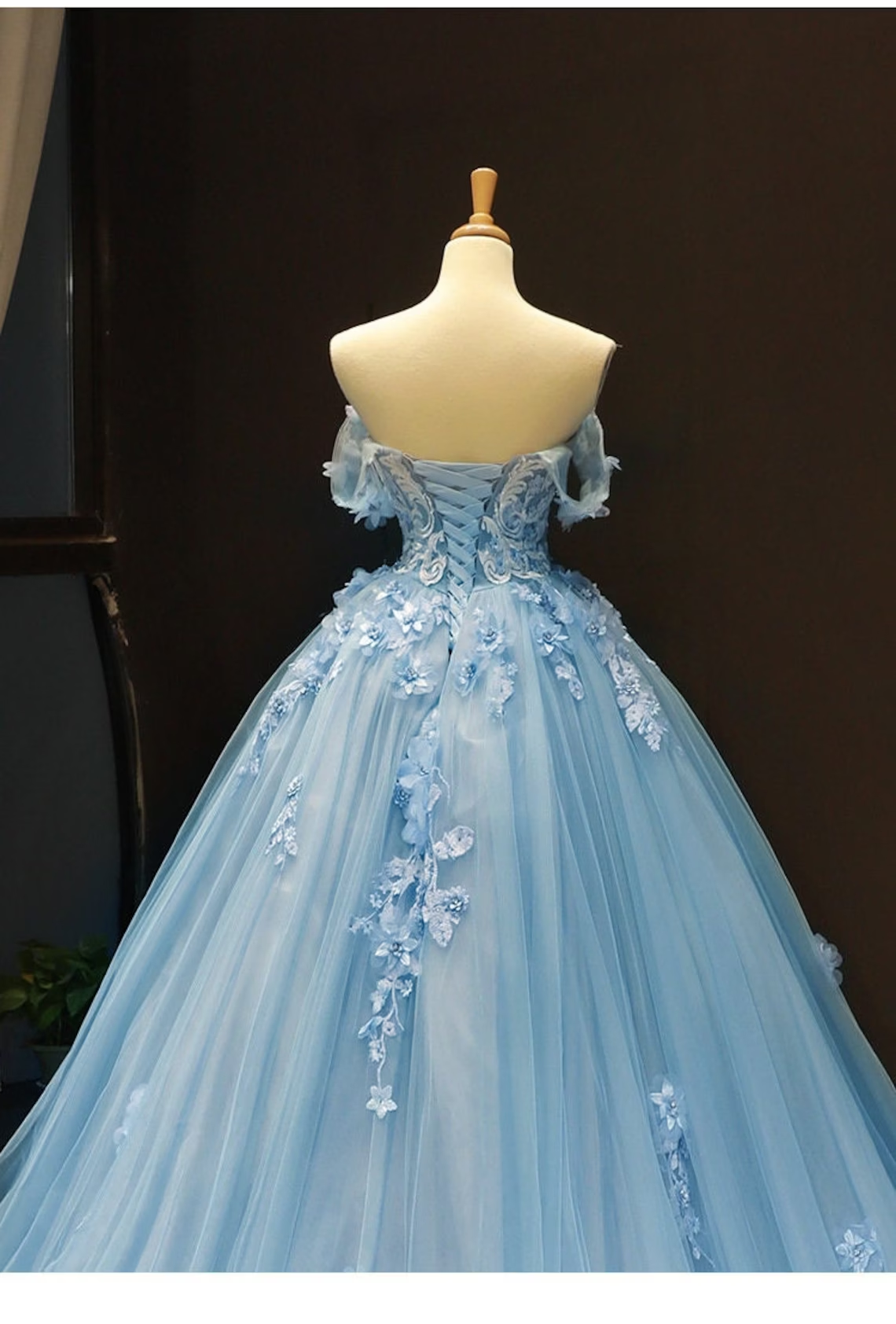 Blue Sweetheart Off Shoulder with Lace Applique Party Dress