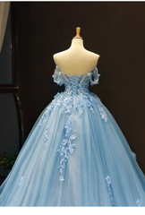 Blue Sweetheart Off Shoulder with Lace Applique Party Dress