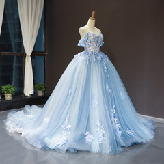 Blue Sweetheart Off Shoulder with Lace Applique Party Dress