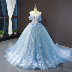 Blue Sweetheart Off Shoulder with Lace Applique Party Dress