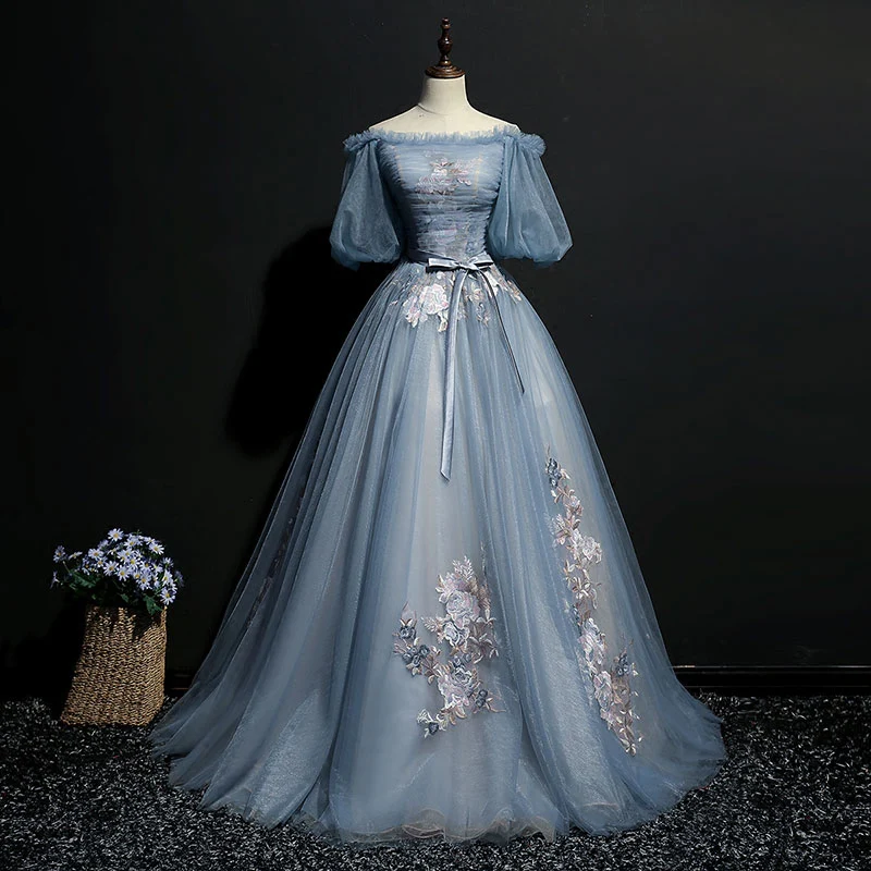 Blue Short Sleeves Long Tulle with Flower Applique Party Dress