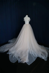 Vestido de fiesta de boda sencillo con cordones en tul color marfil y hombros descubiertos 