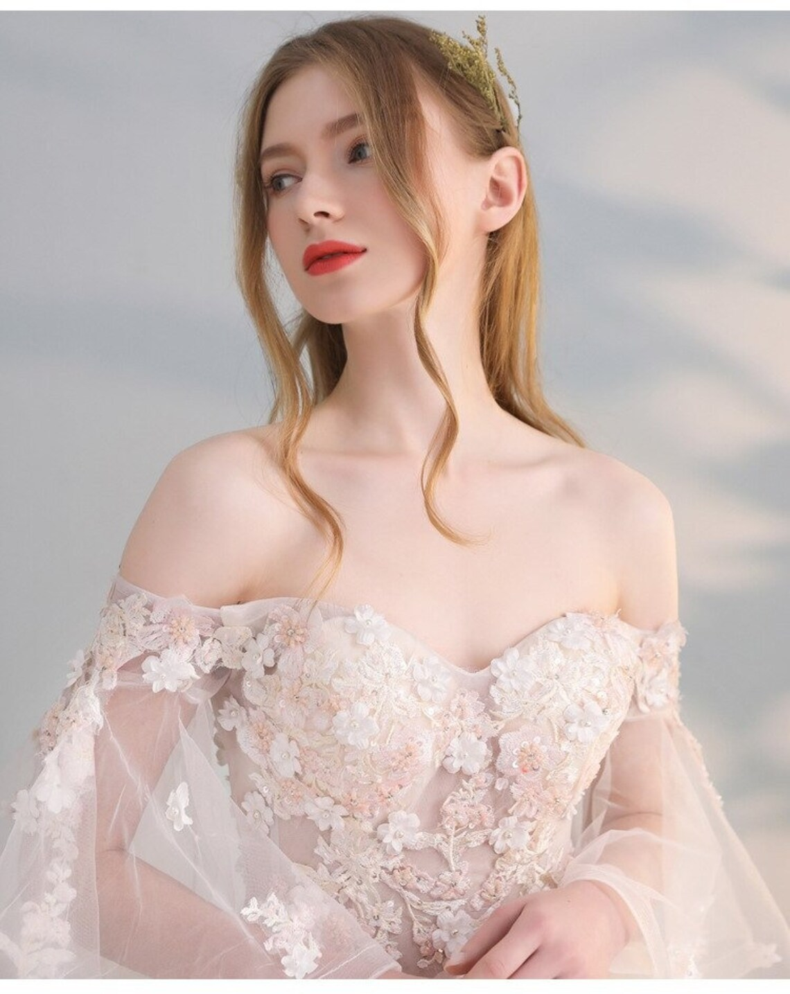 Charming Flowers Lace Off Shoulder Ball Gown Wedding Party Dress