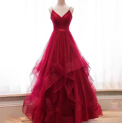Wine Red Layers Tulle V-neckline Straps Formal Dress