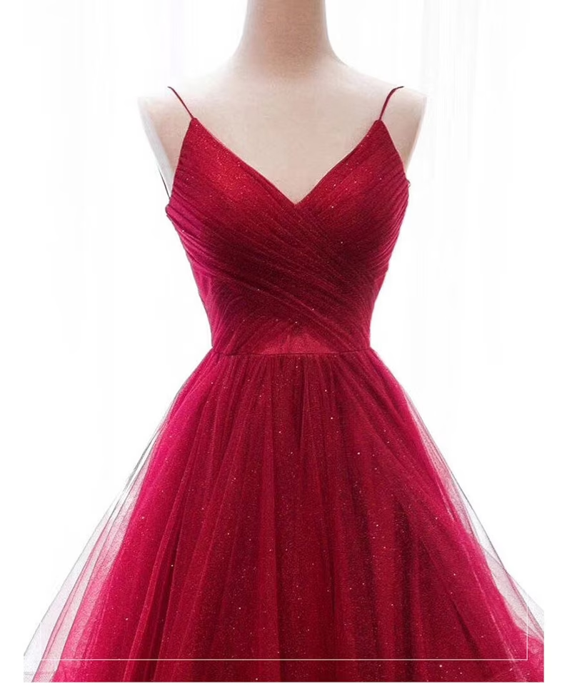 Wine Red Layers Tulle V-neckline Straps Formal Dress