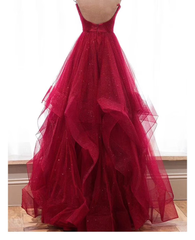 Wine Red Layers Tulle V-neckline Straps Formal Dress