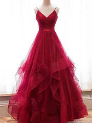 Wine Red Layers Tulle V-neckline Straps Formal Dress