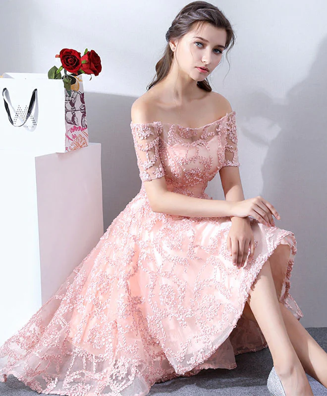 Pink High Low Lace Off Shoulder Soop Party Dresses