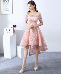 Pink High Low Lace Off Shoulder Soop Party Dresses