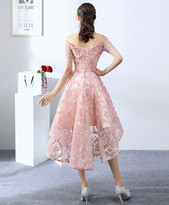 Pink High Low Lace Off Shoulder Soop Party Dresses
