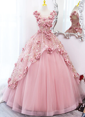 Vestido de quinceañera con escote redondo y flores rosas hasta el suelo 