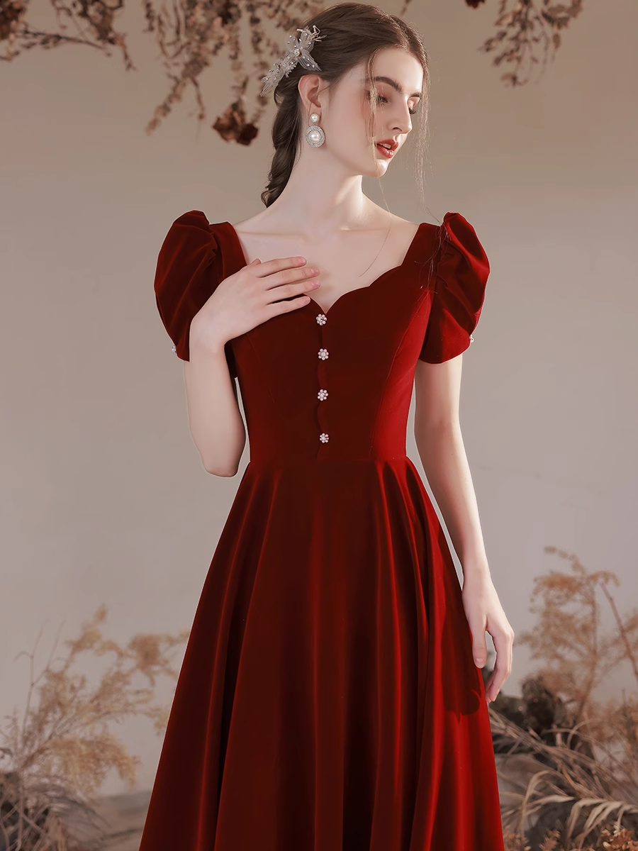 Wine Red Velvet Short Sleeves Long Wedding Party Dress