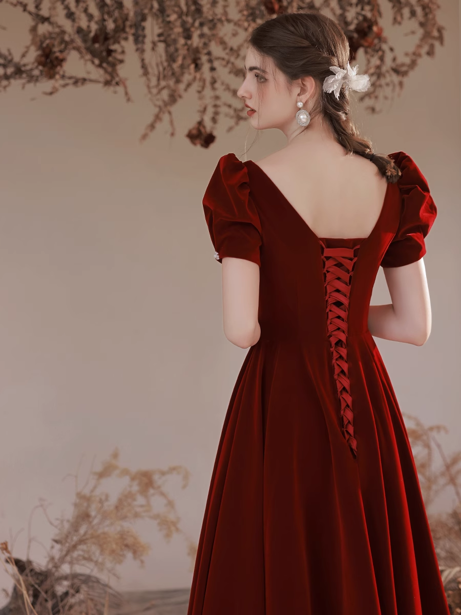 Wine Red Velvet Short Sleeves Long Wedding Party Dress