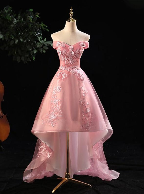 Cute Pink Off Shoulder High Low Tulle with Lace Party Dress