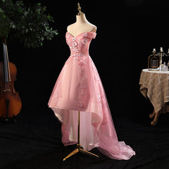 Cute Pink Off Shoulder High Low Tulle with Lace Party Dress