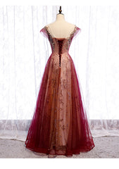 Vestido de fiesta de tul con apliques de encaje y mangas cortas color rojo vino 