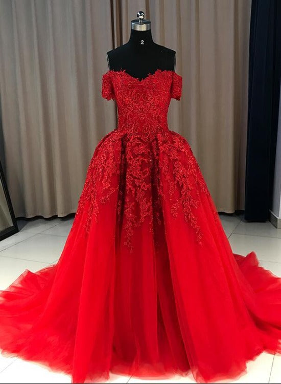 Red Gorgeous Sweetheart Off Shoulder Lace Applique Ball Gown Prom Dress