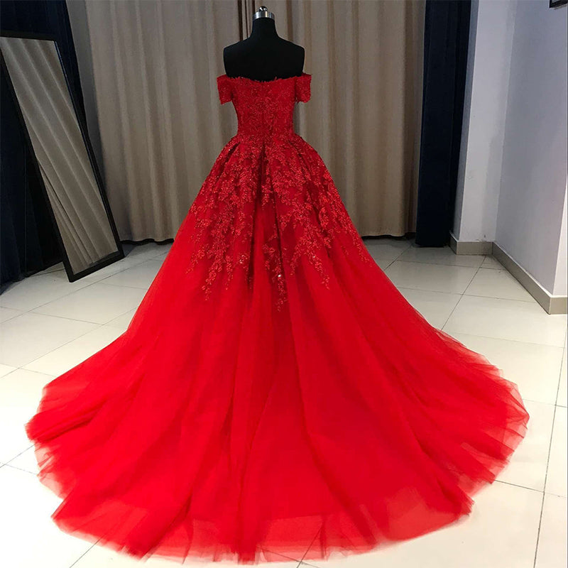 Red Gorgeous Sweetheart Off Shoulder Lace Applique Ball Gown Prom Dress