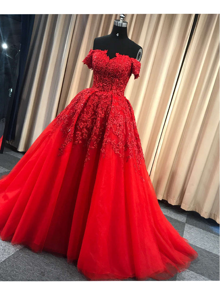 Red Gorgeous Sweetheart Off Shoulder Lace Applique Ball Gown Prom Dress