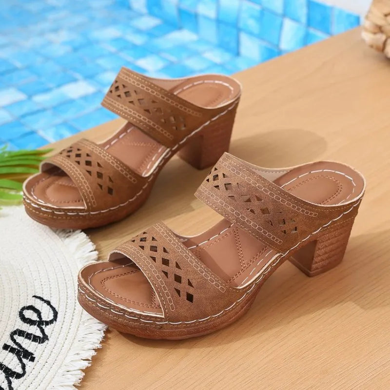Retro Hollow Out Thick-Heeled Sandals Lightweight High Heels Slippers Woman Plus Size Platform Sandles 43