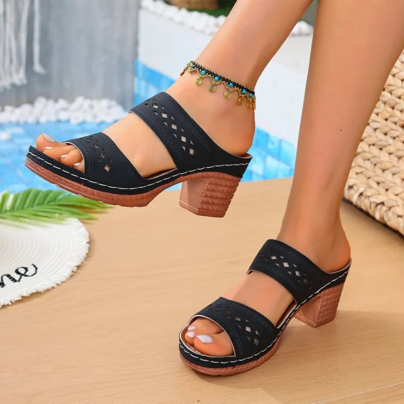 Retro Hollow Out Thick-Heeled Sandals Lightweight High Heels Slippers Woman Plus Size Platform Sandles 43