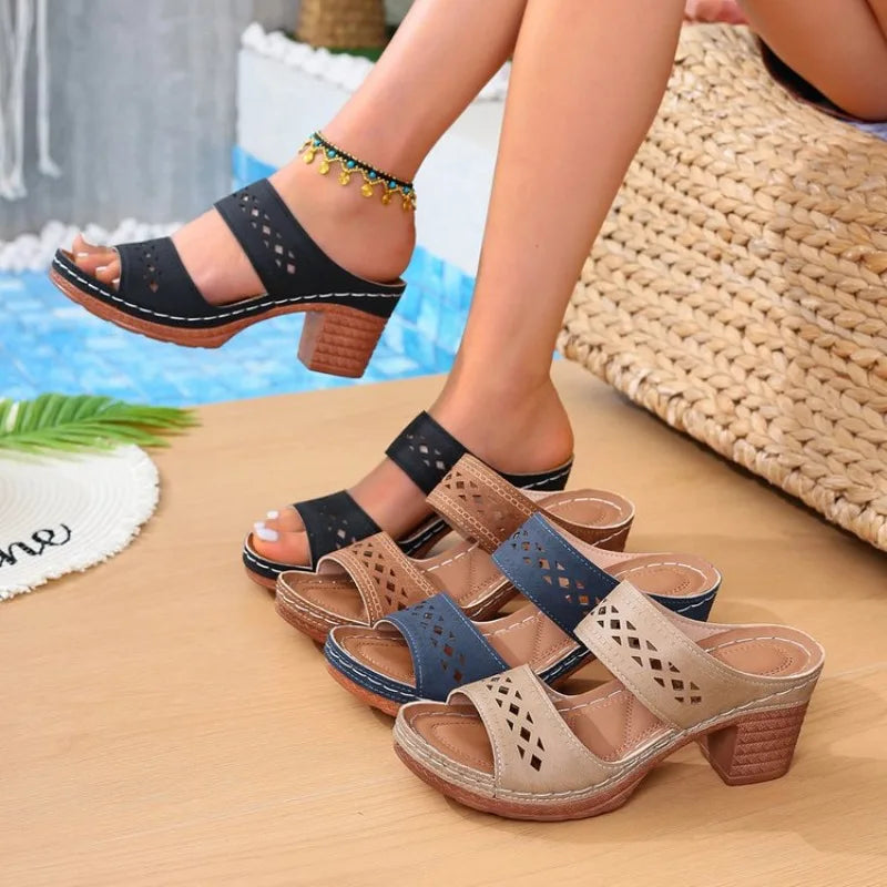 Retro Hollow Out Thick-Heeled Sandals Lightweight High Heels Slippers Woman Plus Size Platform Sandles 43