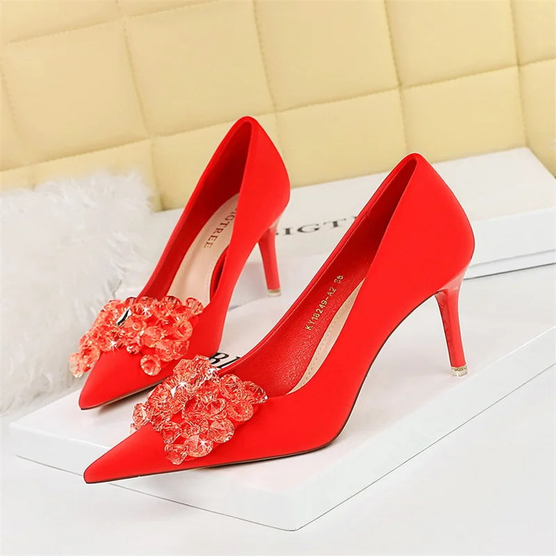 Rhinestones Pointed Toe Shallow Mouth Pumps Crystal Bow knot Satin Sandals High Heel Party Prom Single Shoes