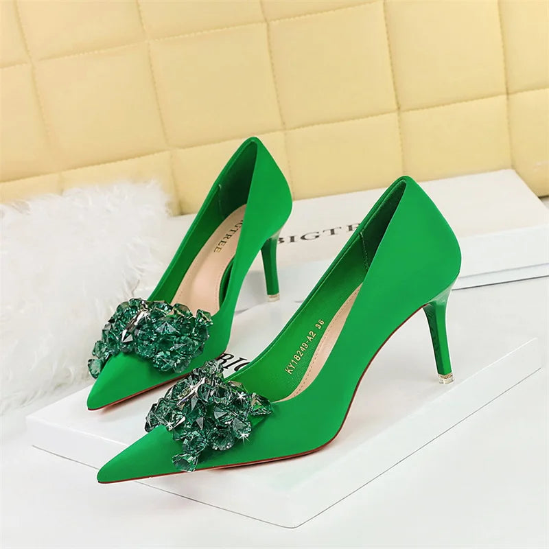 Rhinestones Pointed Toe Shallow Mouth Pumps Crystal Bow knot Satin Sandals High Heel Party Prom Single Shoes