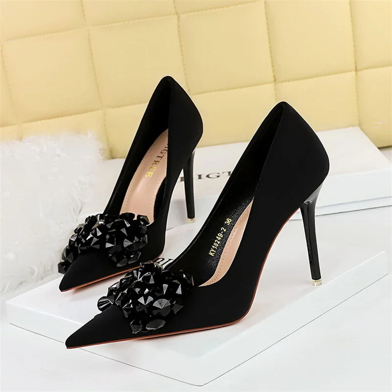 Rhinestones Pointed Toe Shallow Mouth Pumps Crystal Bow knot Satin Sandals High Heel Party Prom Single Shoes
