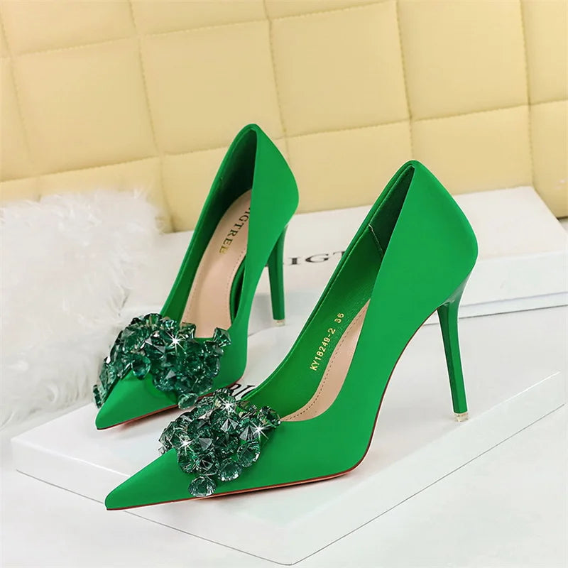 Rhinestones Pointed Toe Shallow Mouth Pumps Crystal Bow knot Satin Sandals High Heel Party Prom Single Shoes