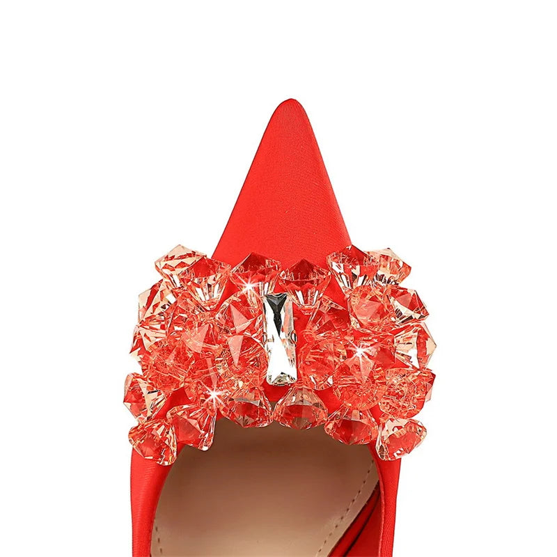 Rhinestones Pointed Toe Shallow Mouth Pumps Crystal Bow knot Satin Sandals High Heel Party Prom Single Shoes