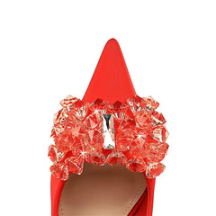 Rhinestones Pointed Toe Shallow Mouth Pumps Crystal Bow knot Satin Sandals High Heel Party Prom Single Shoes